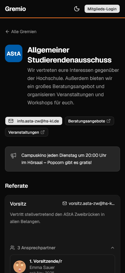 Öffentliche Ansprechpartner-Seite am Handy
