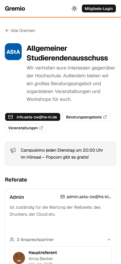 Öffentliche Ansprechpartner-Seite am Handy