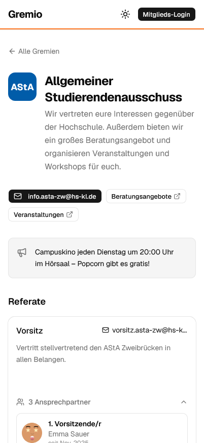 Öffentliche Ansprechpartner-Seite am Handy